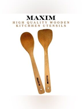 MAXIM Wooden Kitchen Utensils Set Spoon & Spatula‎ Real Wood Heat Resistant
